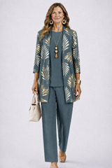 Women's 3-Piece Trouser Set with Longline Cardigan, Round Neck Top and Straight-Leg Trousers