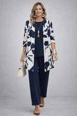 Women's 3-Piece Trouser Set with Longline Cardigan, Round Neck Top and Straight-Leg Trousers