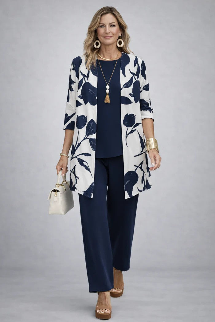 Women's 3-Piece Trouser Set with Longline Cardigan, Round Neck Top and Straight-Leg Trousers