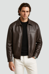 Men's Leather-Look Jacket Slim Fit with Zip Closure and Straight Collar