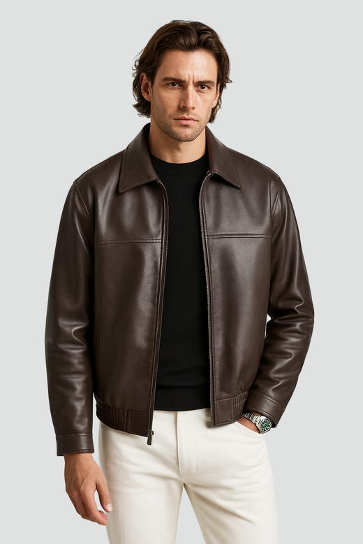 Men's Leather-Look Jacket Slim Fit with Zip Closure and Straight Collar