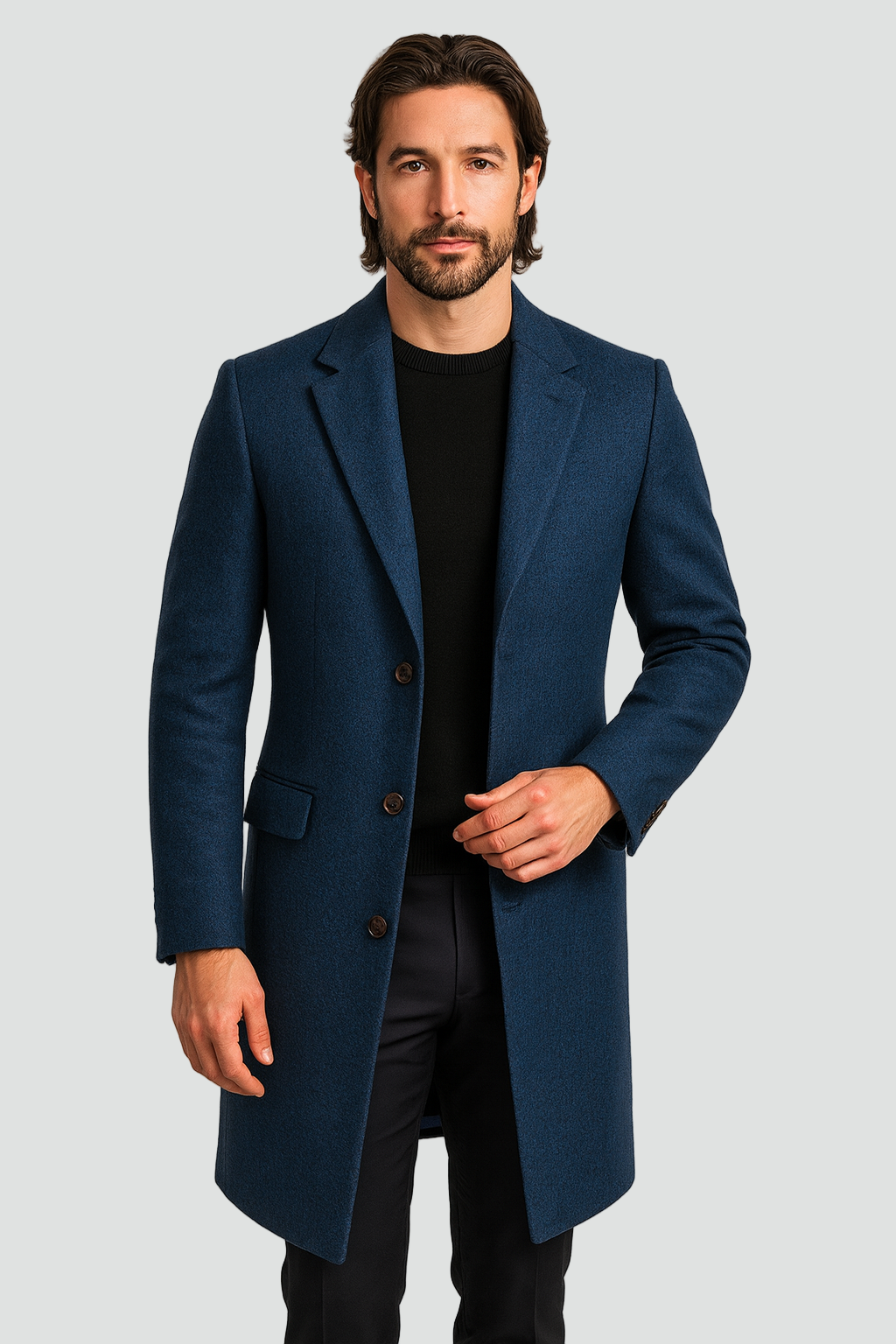 Men's Elegant Long Coat with Classic Collar and Button Closure