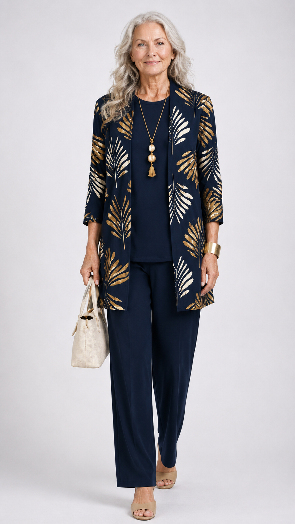 Women's 3-Piece Trouser Set with Longline Cardigan, Round Neck Top and Straight-Leg Trousers