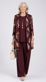 Women's 3-Piece Trouser Set with Longline Cardigan, Round Neck Top and Straight-Leg Trousers