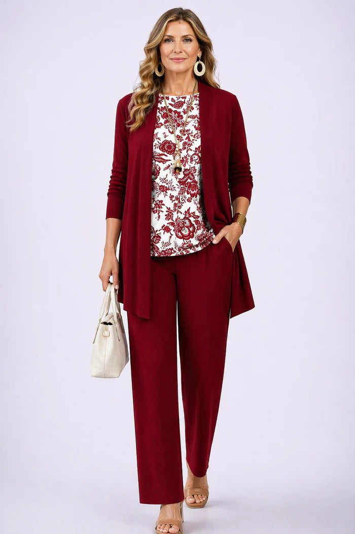 Women's 3-Piece Trouser Set with Longline Cardigan, Round Neck Top and Straight-Leg Trousers