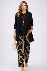 Women's 3-Piece Trouser Set with Longline Cardigan, Round Neck Top and Straight-Leg Trousers