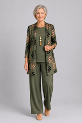 Women's 3-Piece Trouser Set with Longline Cardigan, Round Neck Top and Straight-Leg Trousers