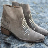 Women's Studded Ankle Boots with Pointed Toe, Block Heel and Side Zip