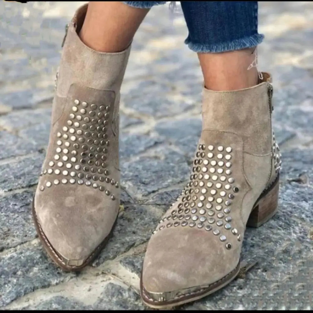 Women's Studded Ankle Boots with Pointed Toe, Block Heel and Side Zip