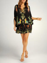 Women's Tropical Print Kaftan Maxi Dress with Sequin V-Neck and Batwing Sleeves