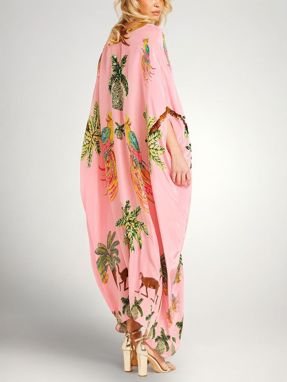 Women's Tropical Print Kaftan Maxi Dress with Sequin V-Neck and Batwing Sleeves