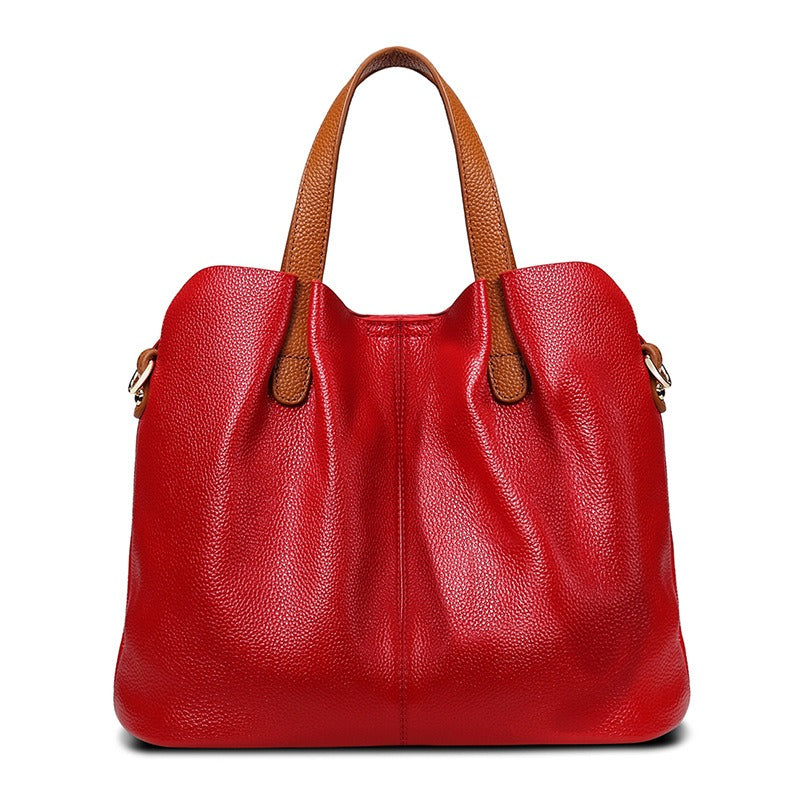 Women's Pebbled Genuine Leather Tote Handbag with Top Handles and Detachable Shoulder Strap