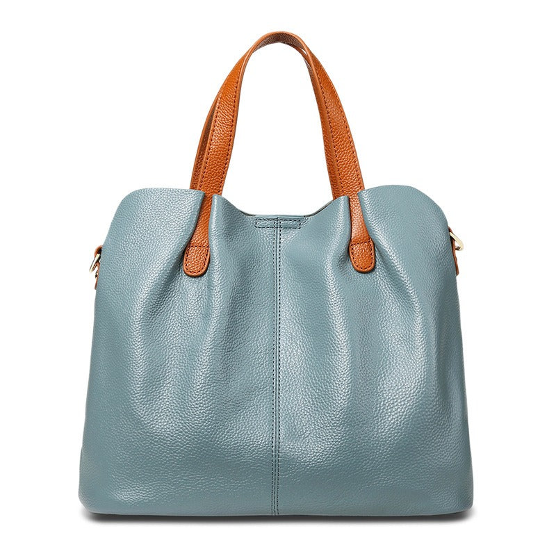 Women's Pebbled Genuine Leather Tote Handbag with Top Handles and Detachable Shoulder Strap