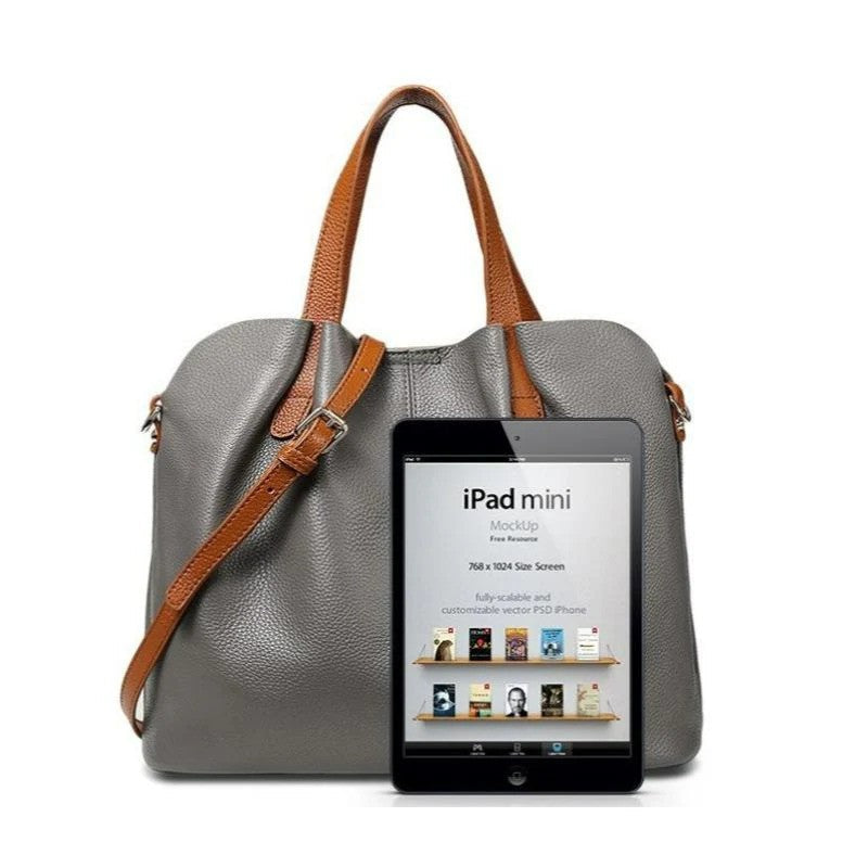 Women's Pebbled Genuine Leather Tote Handbag with Top Handles and Detachable Shoulder Strap