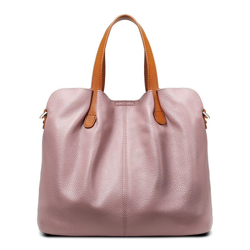 Women's Pebbled Genuine Leather Tote Handbag with Top Handles and Detachable Shoulder Strap