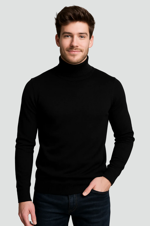 Men's Fine Knit Turtleneck Sweater Slim Fit Long Sleeves