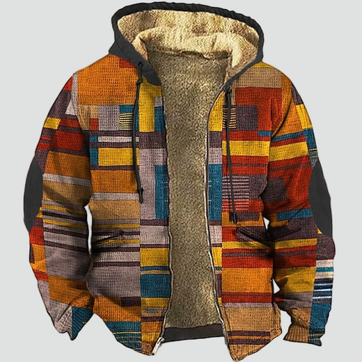 Men's Patchwork Jacket with Warm Fleece Lining and Hood