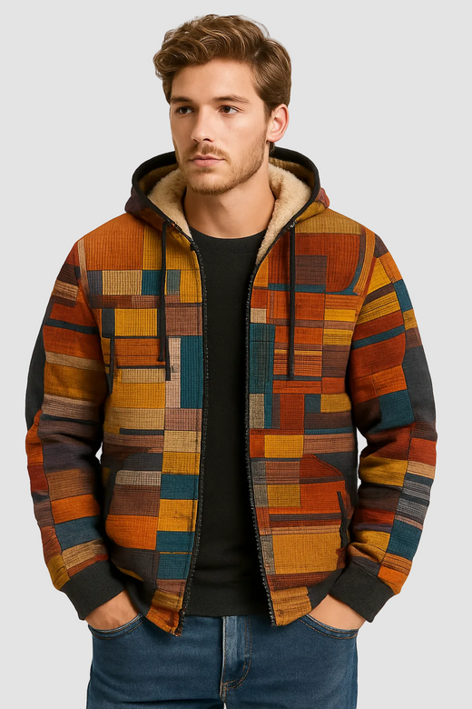 Men's Patchwork Jacket with Warm Fleece Lining and Hood