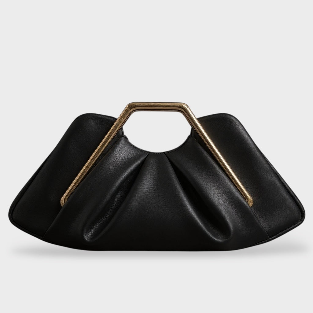Women's Pleated Vegan Leather Top Handle Clutch Bag with Gold Metal Handle