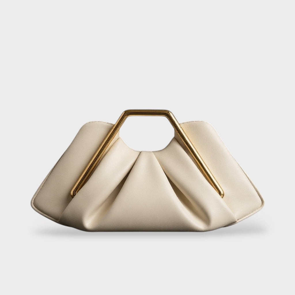 Women's Pleated Vegan Leather Top Handle Clutch Bag with Gold Metal Handle