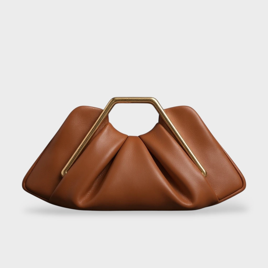 Women's Pleated Vegan Leather Top Handle Clutch Bag with Gold Metal Handle