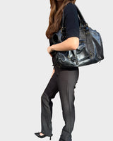 Women's Satchel Handbag with Fringe Tassels, Studs and Front Zip Pocket