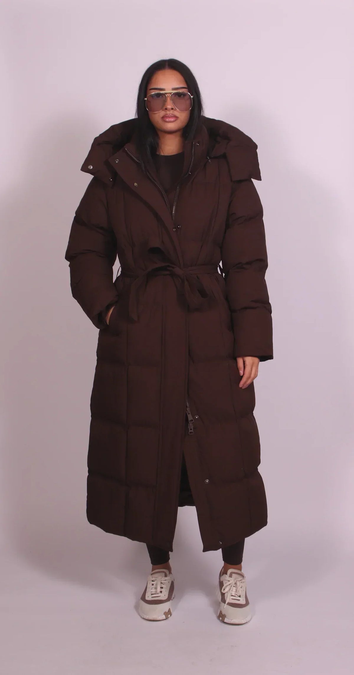 Women's Long Belted Puffer Coat with Hood, Oversized Fit and Side Pockets