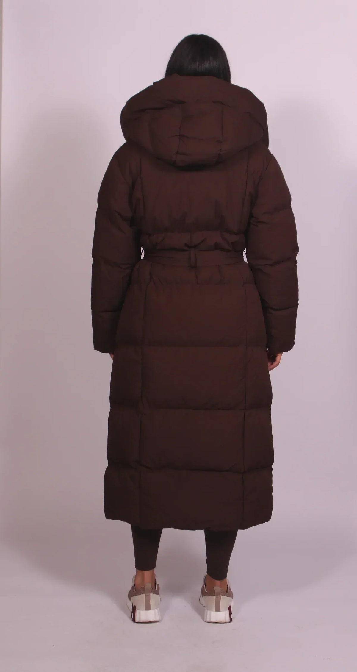 Women's Long Belted Puffer Coat with Hood, Oversized Fit and Side Pockets