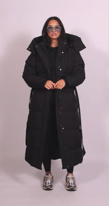 Women's Long Belted Puffer Coat with Hood, Oversized Fit and Side Pockets