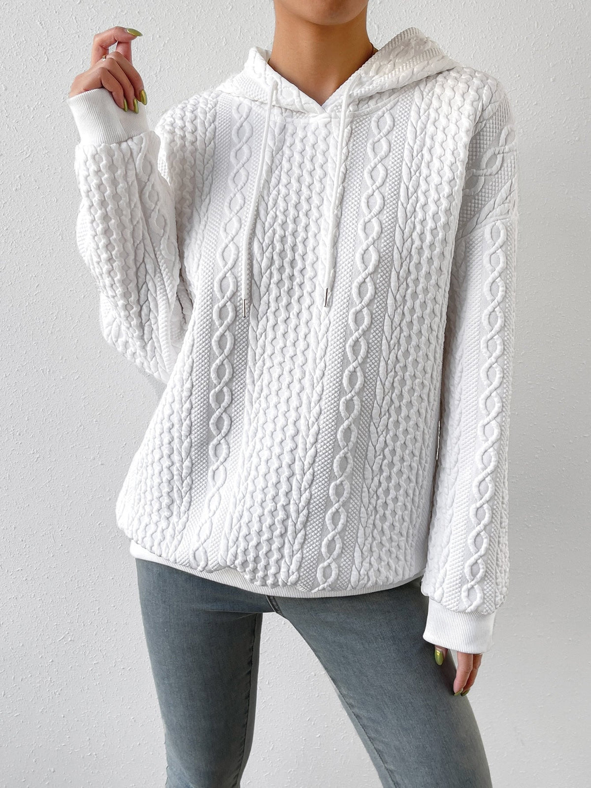 Women's Cable Knit Hoodie with Drawstring Hood Long Sleeves Ribbed Cuffs Oversized Style