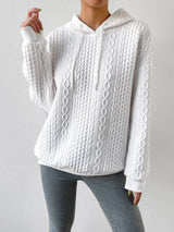 Women's Cable Knit Hoodie with Drawstring Hood Long Sleeves Ribbed Cuffs Oversized Style