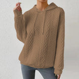 Women's Cable Knit Hoodie with Drawstring Hood Long Sleeves Ribbed Cuffs Oversized Style