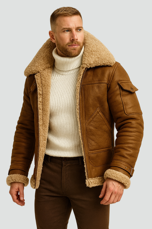 Men's Leather Pilot Jacket with Sherpa Lining and Wide Collar