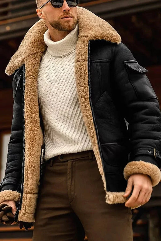 Men's Leather Pilot Jacket with Sherpa Lining and Wide Collar