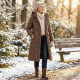 Women's Long Hooded Down Puffer Coat with Quilted Design, Cinched Waist and Pockets
