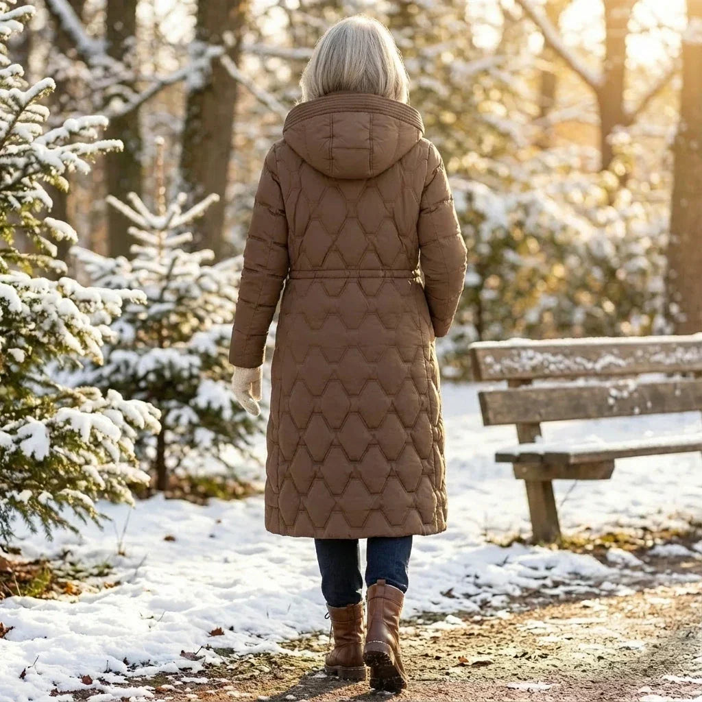 Women's Long Hooded Down Puffer Coat with Quilted Design, Cinched Waist and Pockets
