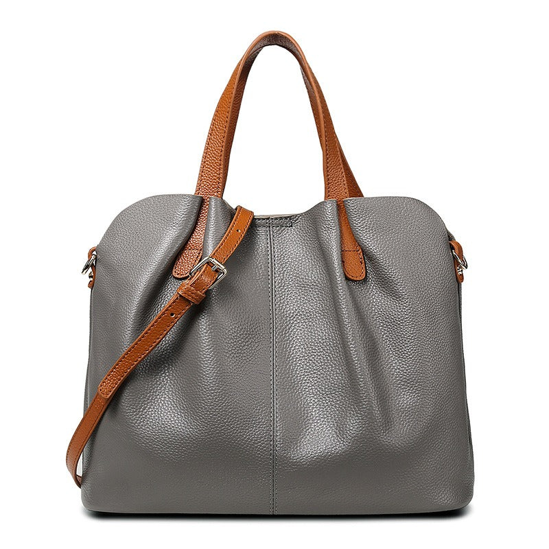 Women's Pebbled Genuine Leather Tote Handbag with Top Handles and Detachable Shoulder Strap