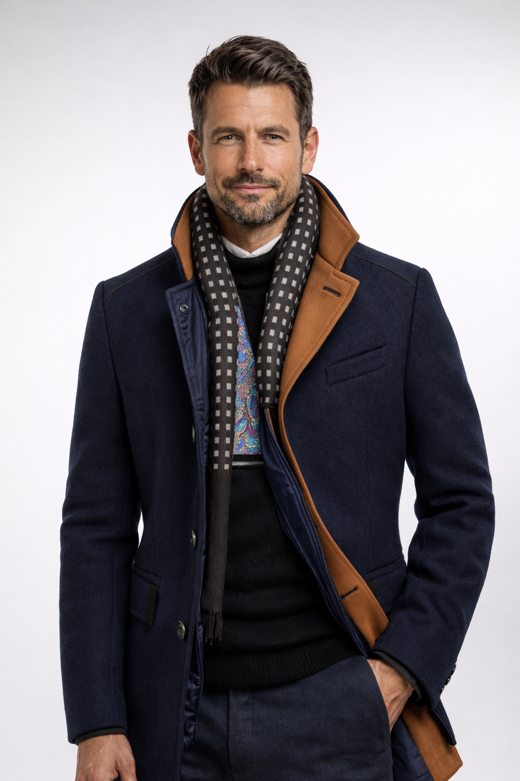 Men's Wool Blend Overcoat with Stand Collar, Single-Breasted Buttons, Flap Pockets and Tailored Fit