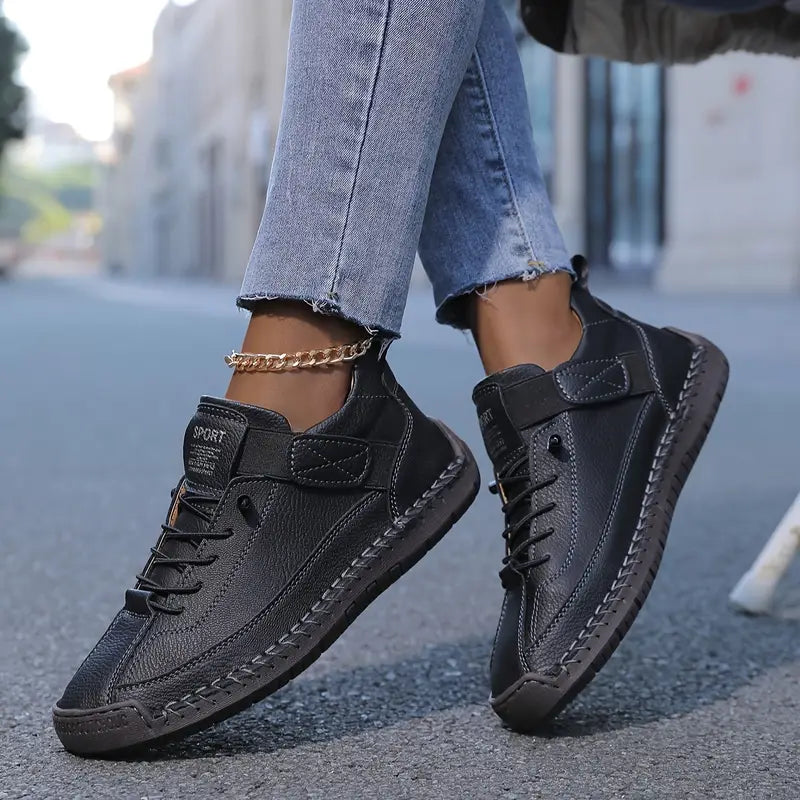 Women's Leather Comfort Sneakers with Cushioned EVA Sole, Elastic Panels and Stitched Trim