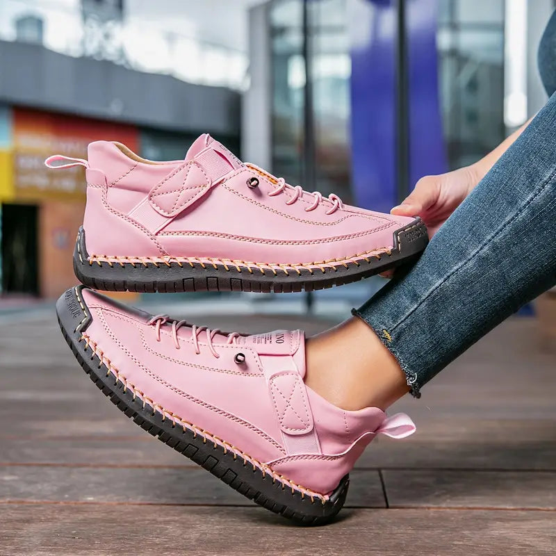 Women's Leather Comfort Sneakers with Cushioned EVA Sole, Elastic Panels and Stitched Trim