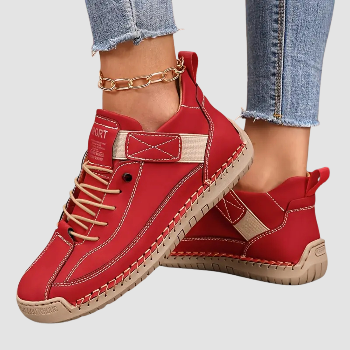 Women's Leather Comfort Sneakers with Cushioned EVA Sole, Elastic Panels and Stitched Trim
