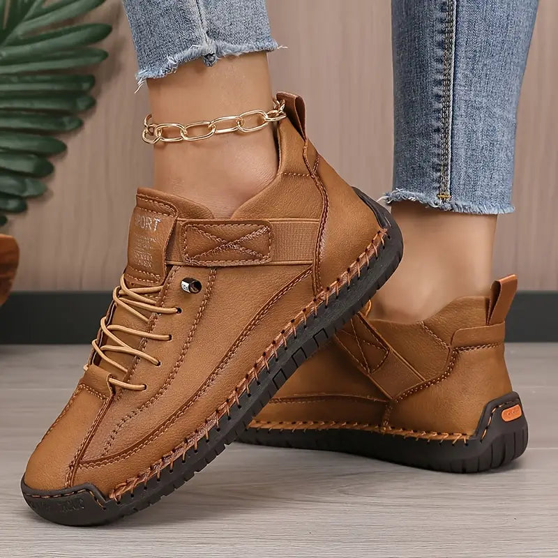 Women's Leather Comfort Sneakers with Cushioned EVA Sole, Elastic Panels and Stitched Trim