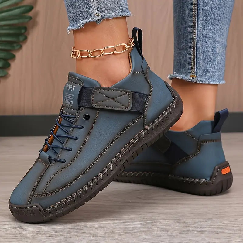 Women's Leather Comfort Sneakers with Cushioned EVA Sole, Elastic Panels and Stitched Trim
