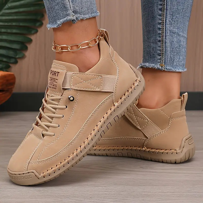Women's Leather Comfort Sneakers with Cushioned EVA Sole, Elastic Panels and Stitched Trim