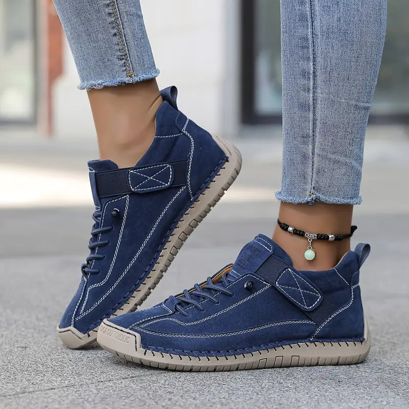 Women's Leather Comfort Sneakers with Cushioned EVA Sole, Elastic Panels and Stitched Trim
