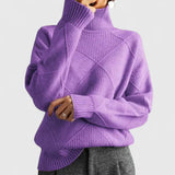 Women's Diamond Textured Turtleneck Knit Sweater with Oversized Fit, Ribbed Cuffs and Hem