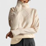 Women's Diamond Textured Turtleneck Knit Sweater with Oversized Fit, Ribbed Cuffs and Hem