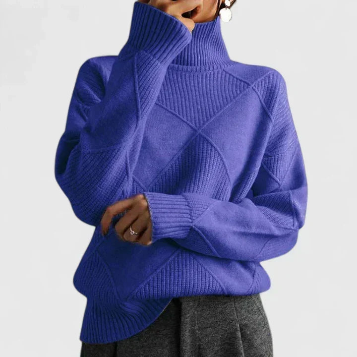 Women's Diamond Textured Turtleneck Knit Sweater with Oversized Fit, Ribbed Cuffs and Hem