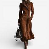 Women's Long Faux Suede Trench Coat with Double-Breasted Front, Black Trim and Flap Pockets