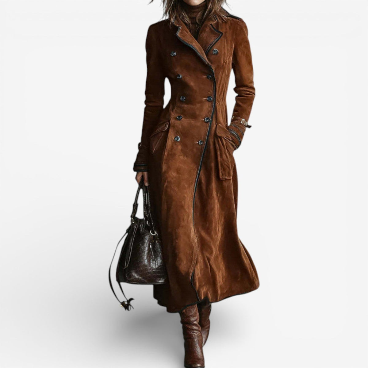 Women's Long Faux Suede Trench Coat with Double-Breasted Front, Black Trim and Flap Pockets